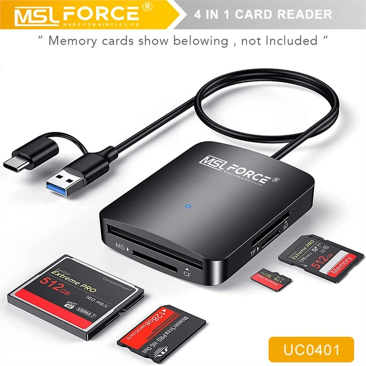 4'ü 1 Arada USB Çok Fonksiyonlu Kart Okuyucu, SD, Micro SD, CF Kartlar ve Bellek Çubukları